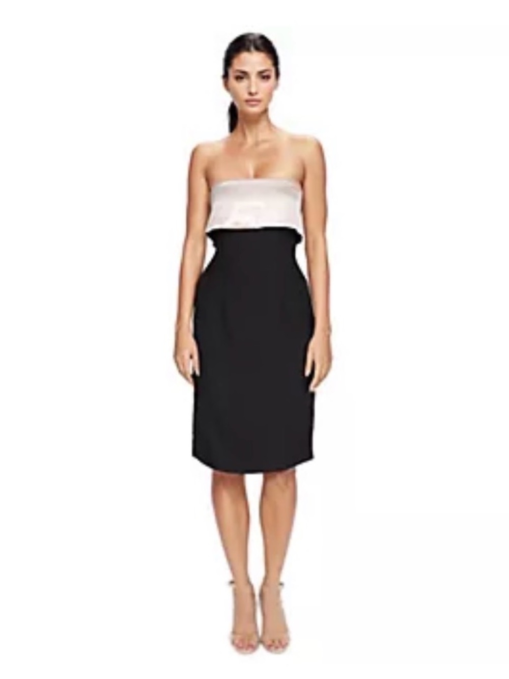 Rene Ruiz Strapless Black and White Mikado and Crepe Sheath Dress with Bow Back